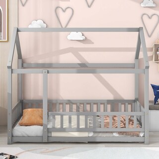 Twin House Shaped Bed Frame with Roof and Fence Guardrails,Montessori ...