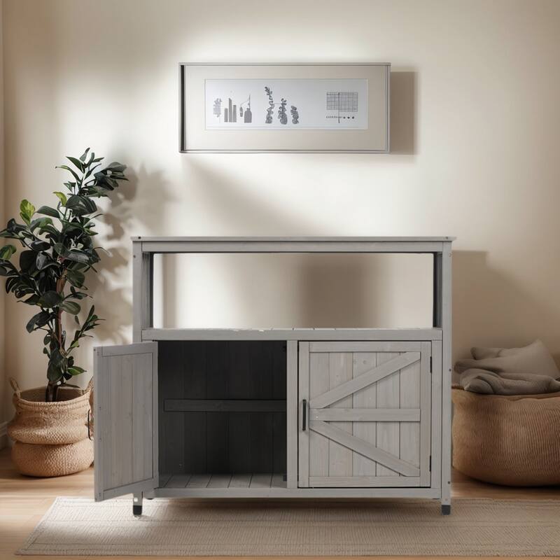 Wooden Patio Bar Table Set with Storage, Buffet Cabinet Sideboard for Outdoor and Indoor