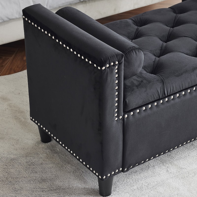 44.5-Inch Velvet Storage Bench with Armrests, Upholstered Button Tufted Ottoman with Nailhead Trim for Entryway & Bedroom