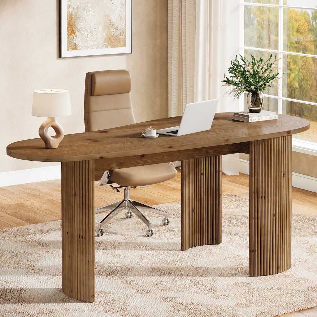 Modern Solid Wood Computer Desk, Curved Small Executive Desk with Fluted Wooden Legs