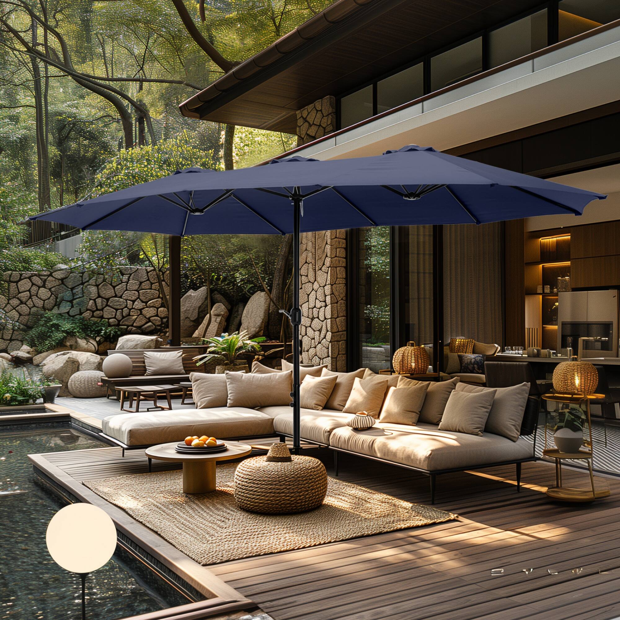 freeport park frances 15' rectangular patio umbrella PHI VILLA 15ft Large Outdoor with Base Included, Navy Blue Supported by a rust Frankford Umbrellas Eclipse Commercial Cantilever