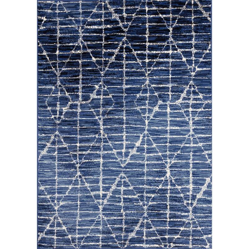 Florence Collection - Blue/Cream Distressed Geometric Rug - 4'7" x 6'7" - Blue/Black/Cream