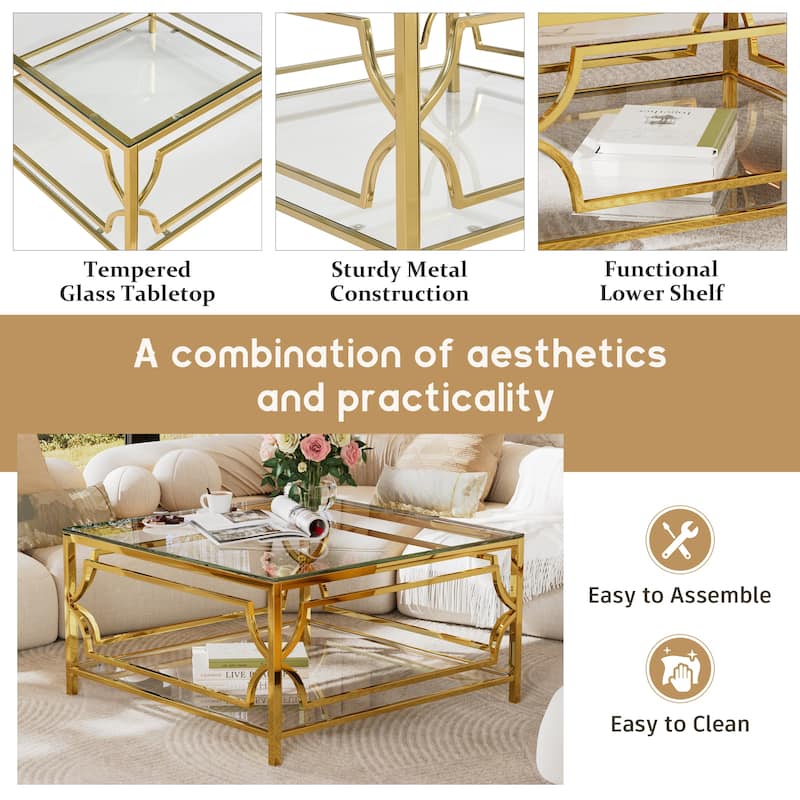 Square Glass Coffee Table in 33.5",Luxurious Geometric Metal Frame,Gold Finish & Lower Shelf