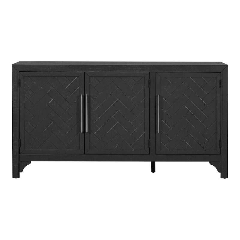 Roomfitters Modern Sideboard Cabinet, Herringbone Wood Pattern Buffet with Adjustable Shelves, Accent Storage Console, Black