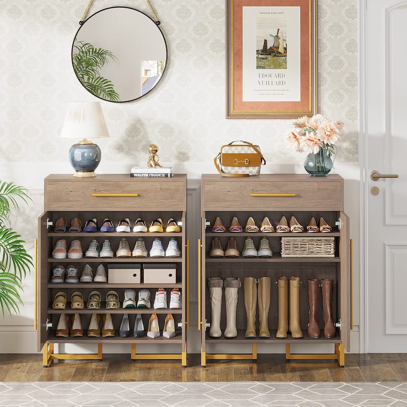 Modern 20 Pairs Shoe Cabinet with Drawer, Doors - 15.75"D x 31.5"W x 39.37"H