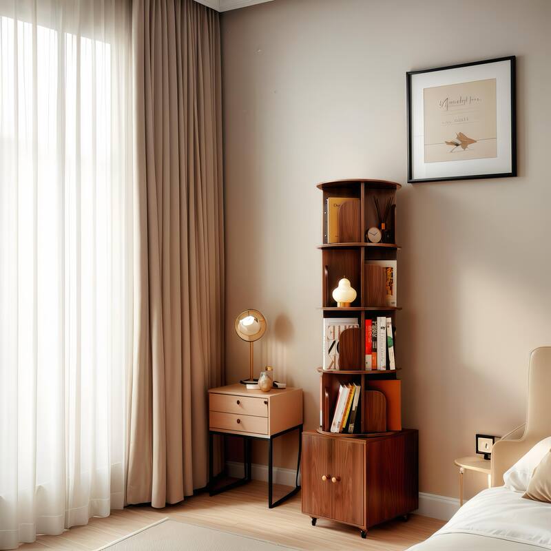 360° Rotating 5-Tier Bookshelf - Compact Corner Design with Storage Drawer for Bedroom/Living Room‌ - Walnut Brown