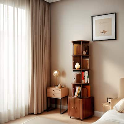 360° Rotating 5-Tier Bookshelf - Compact Corner Design with Storage Drawer for Bedroom/Living Room‌