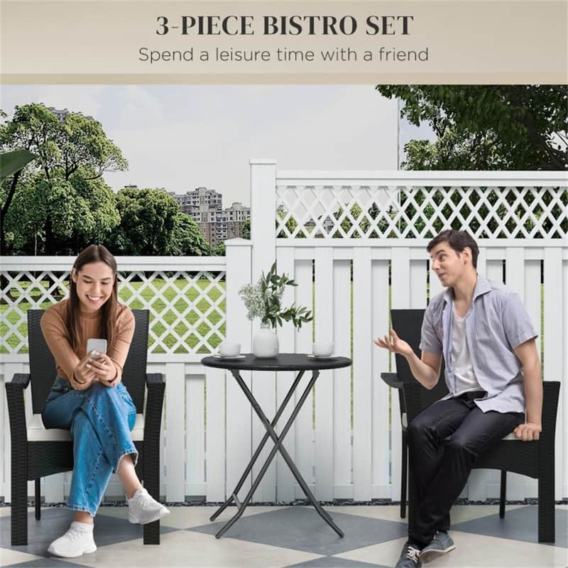 Outdoor 3-Piece Patio Bistro Set with Folding Table and Woven PE Rattan Chairs Included Cushions - 25.6" W x 23.2" D x 35" H