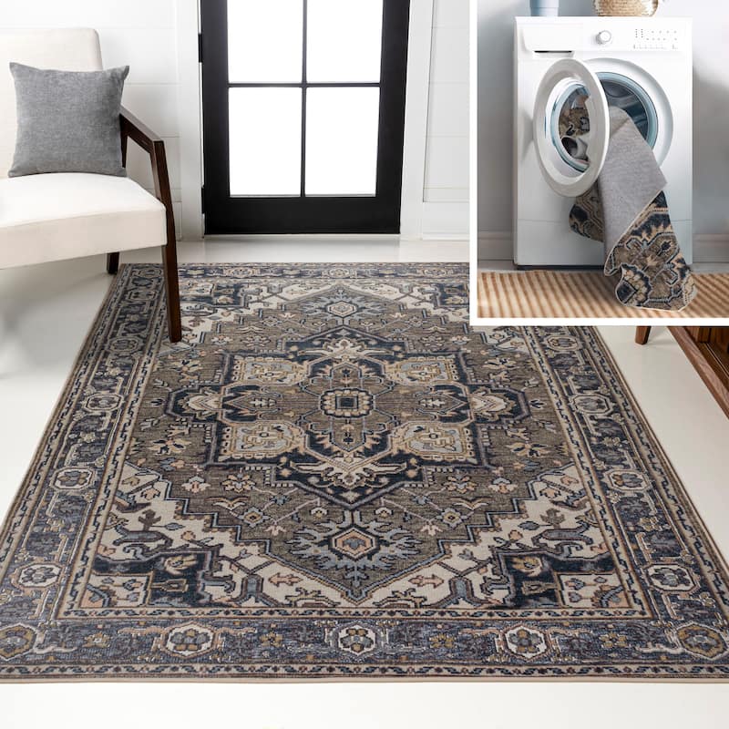 JONATHAN Y Victoria Ornate Large Medallion Machine Washable Area Rug - 8 X 10 - Green/Navy/Cream