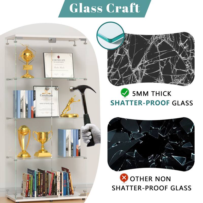 Glass Display Cabinet with Doors & Locks, Acrylic Shelves, Floor Standing Storage Showcase for Home or Office