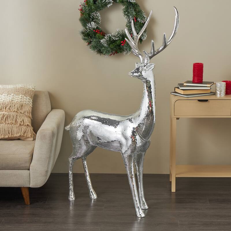 Copper or Silver Fiberglass Floor Reindeer Decorative Christmas Sculpture with Mosaic Pattern - Silver