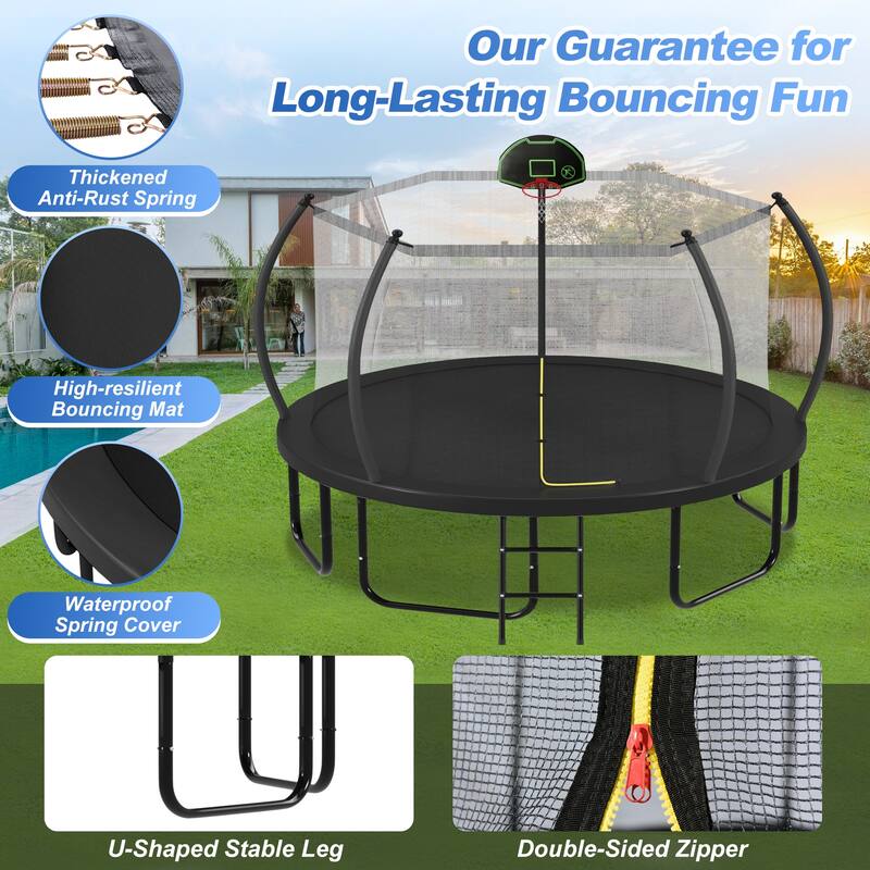 14FT Trampoline with Basketball Hoop for Kids and Adults, Round Outdoor Trampoline with Enclosure Net & Curved Poles