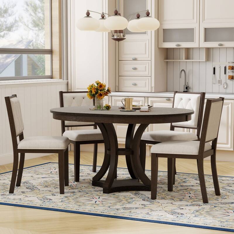 5-Piece Extendable Vintage Dining Set with Round Oak Table and 4 Padded Chairs - Espresso