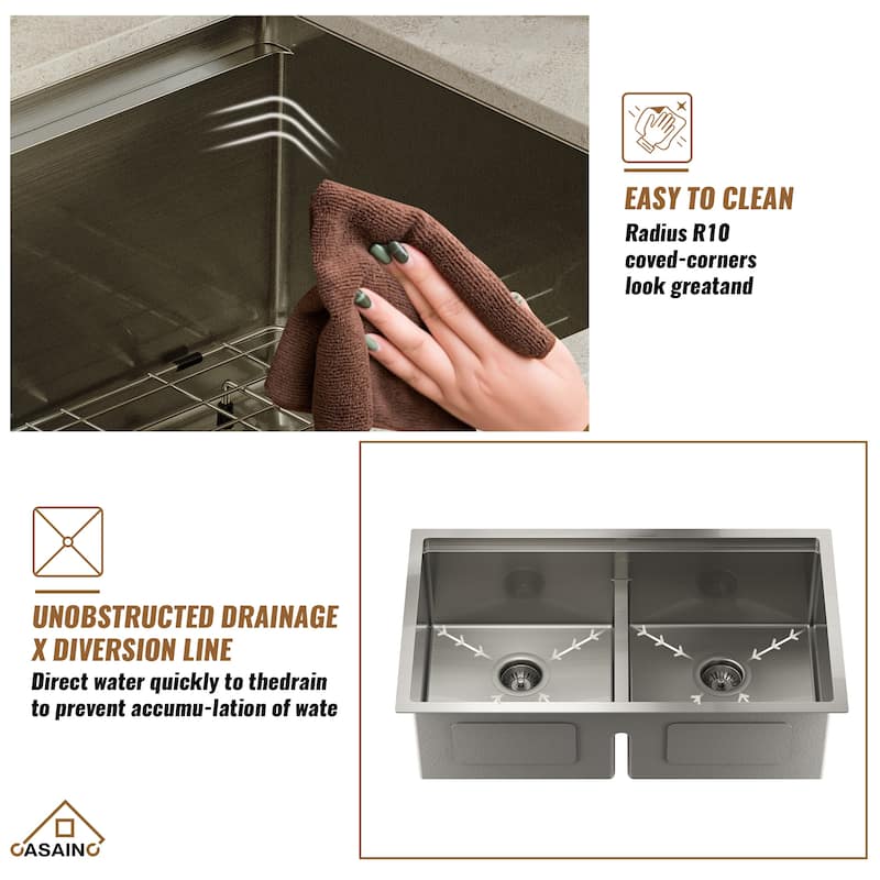 Stainless Steel Sink 33 in. 16-Gauge Double Bowl Undermount Workstation Kitchen Sink in Brushed with Accessories - 33" x 19"