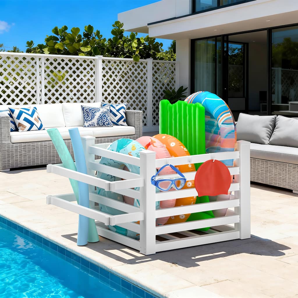 Waterproof Outdoor Pool Storage Bin with Hooks, Basket Holder or Long Panel for Poolside & Patio