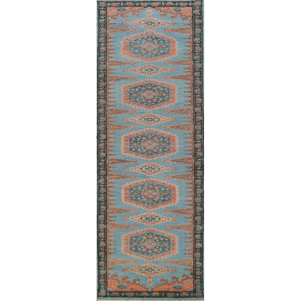 Blue Geometric Viss Indian Runner Rug Handmade Traditional Wool Carpet - 2'6"x 9'2"