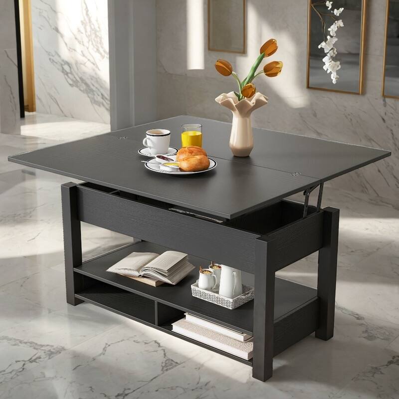 Multi-Functional Lift Top Coffee Table with Open Shelves, Black