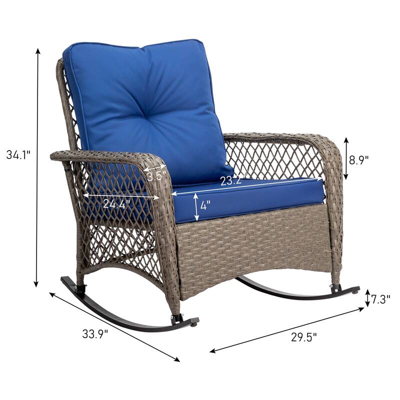 Outdoor Wicker Rocking Chair Grey Rattan with Removable Cushion - 33.9''x 29.5''x 34.1''
