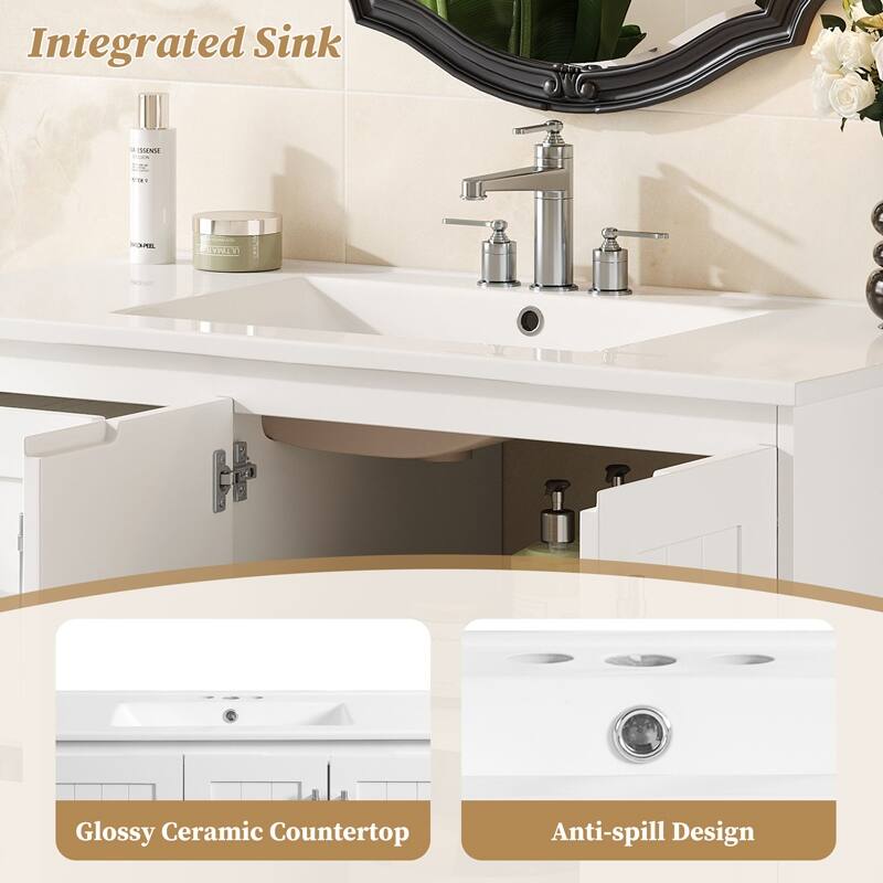 36" Wall Mounted Bathroom Vanity with 2 Drawers, Floating Vanity with Ceramic Sink & Adjustable Shelf, Modern Bathroom Storage