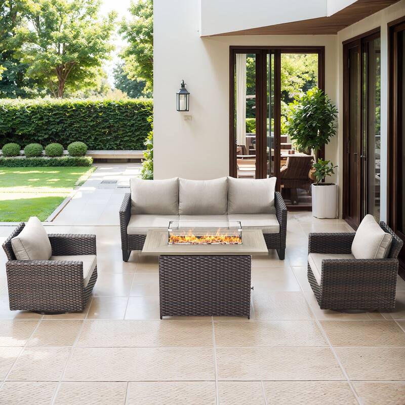 Outdoor Fire Pit Table with Patio Funiture - Brwon Wicker Beige Cushion - 5PCS Fire Table w/ Sofa Swivel Chair