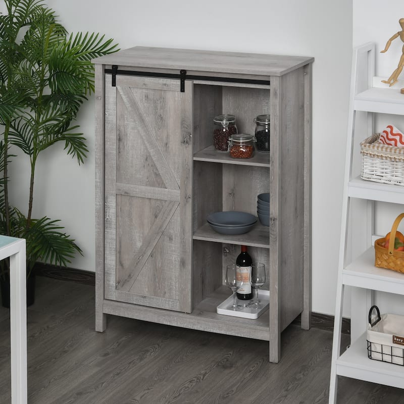 HOMCOM Cupboard Storage Cabinet/Home 3-Tier Organizer with Barn Door, and Adjustable Shelf - 35*17.75*52.25 - Antique White Oak Color
