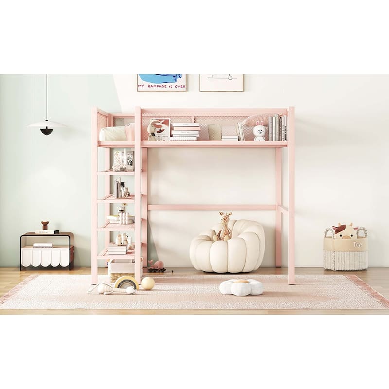 Metal Loft Bed with 4-Tier Shelves and Storage