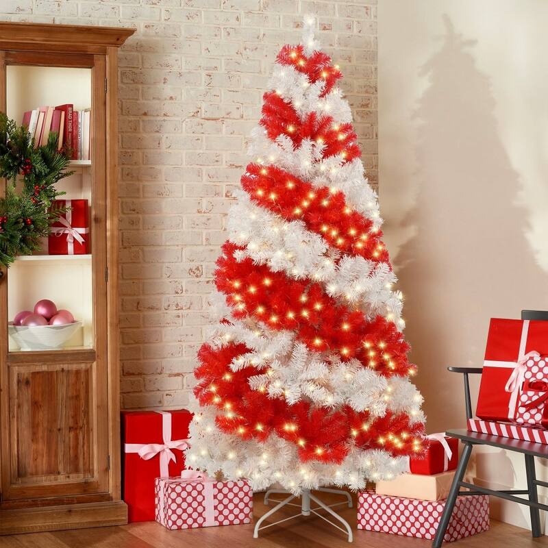 6FT Hinged Fir Artificial Candy Cane Christmas Tree with LED Lights and Bendable Branches