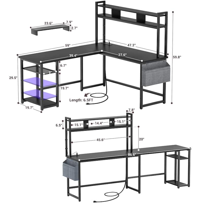 L-Shape Gaming Desk Wood Office Computer Table with Hutch and USB Port