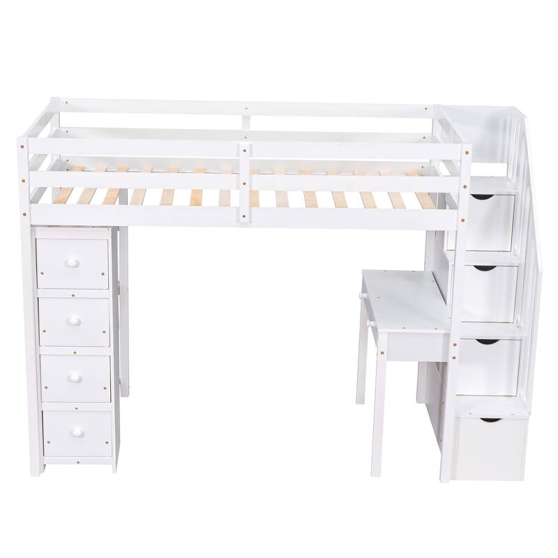 Twin Wooden Loft Bed with Desk and Drawers