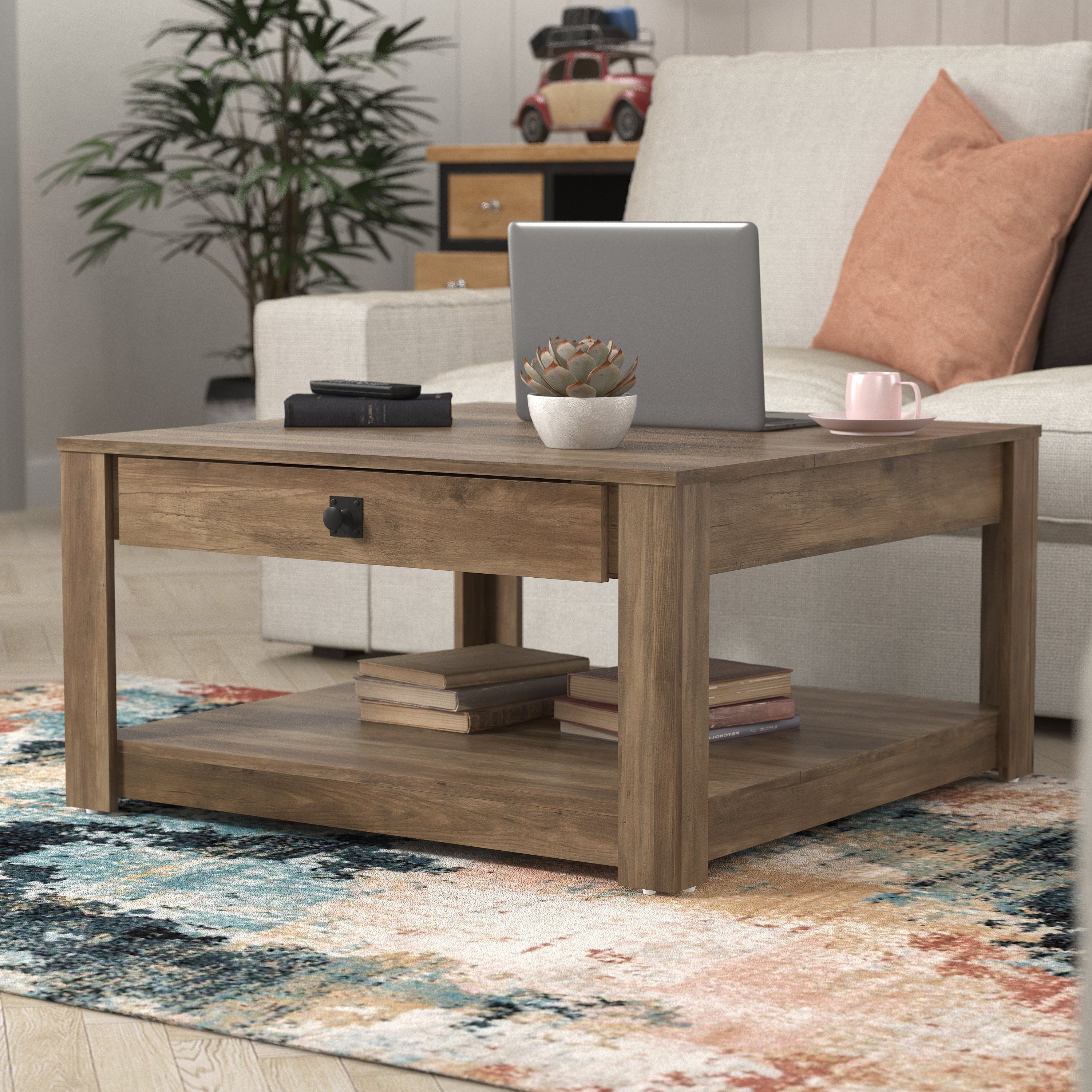 Square oak coffee shop table with storage