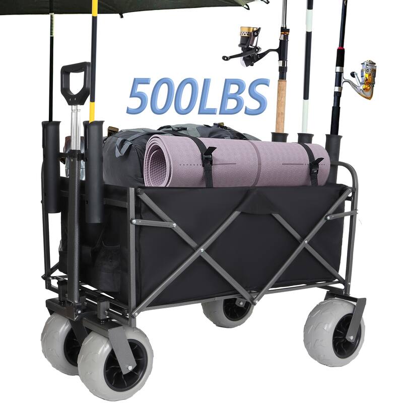 Fishing Cart with Rod Holders - 500lb Capacity Beach Wagon with 9" Pneumatic Tires & Multi-Use Bag