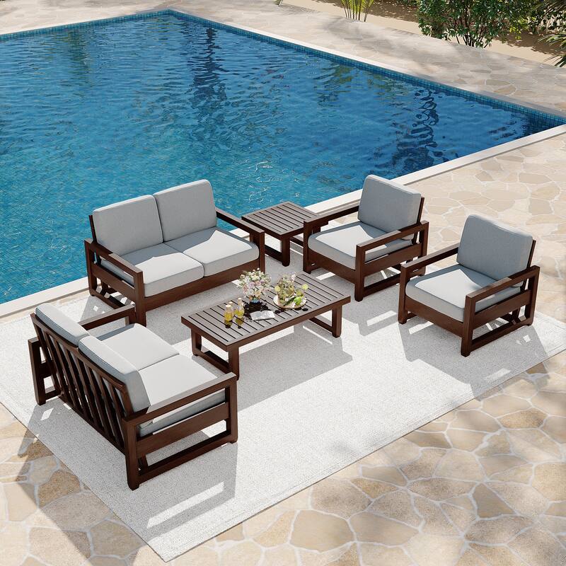 7-Piece Outdoor Teak Wood Conversation Set with Loveseat, Chairs and Tables - Light Grey/Tan wood