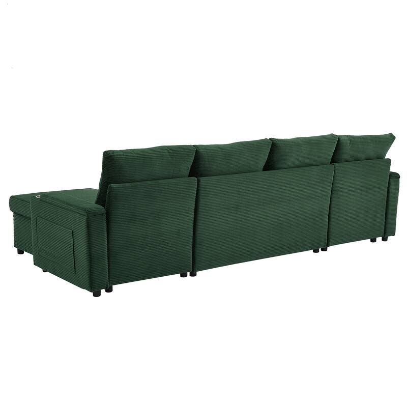 Roomfitters Convertible Sofa Bed 109.5" U-Shaped Sectional Upholstered Sofa with Storage Chaise, Cup Holders and USB Ports