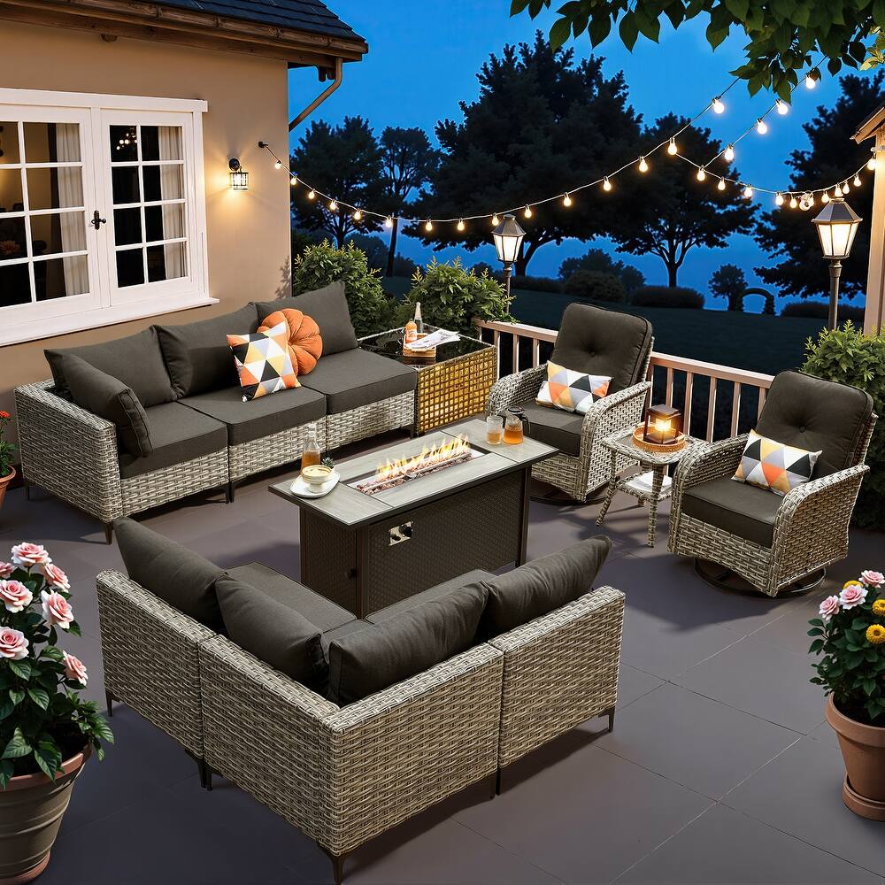 XIZZI 11-Piece Outdoor Furniture Sectional Swivel Chair Set with Fire Table
