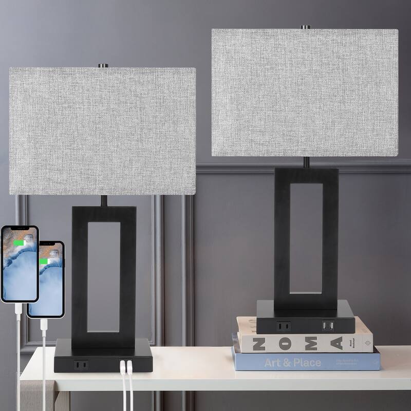 22" Gray USB Table Lamp Set With Touch Control
