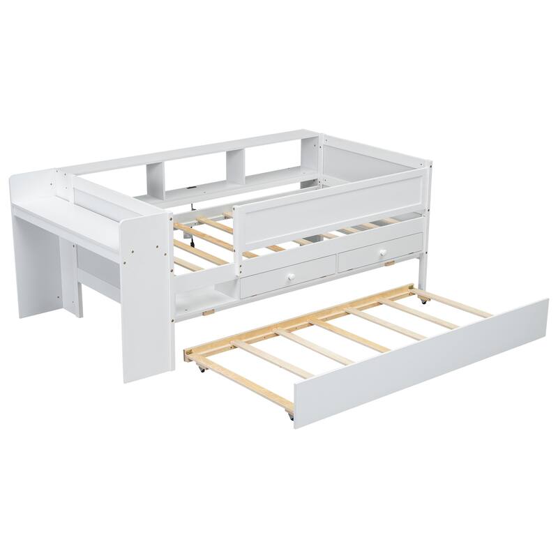 Multi-Functional Twin Daybed with Storage, Trundle, Desk, and USB Charging Station, White