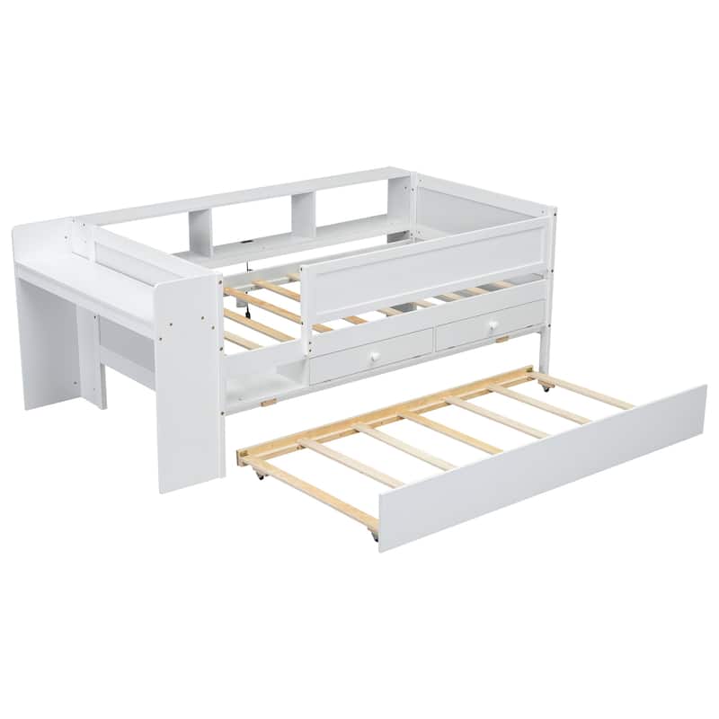 White Multi-Functional Twin Daybed with Headboard Storage, Drawers, Trundle