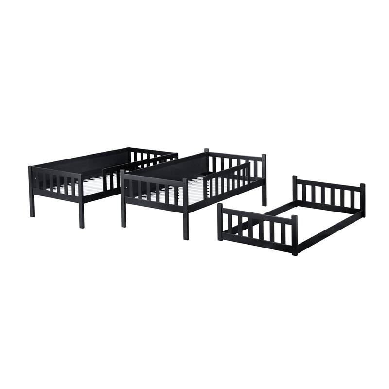 Triple Rubber Wood Bunk Bed, Twin over Twin, Black, Detachable, Space-saving Design