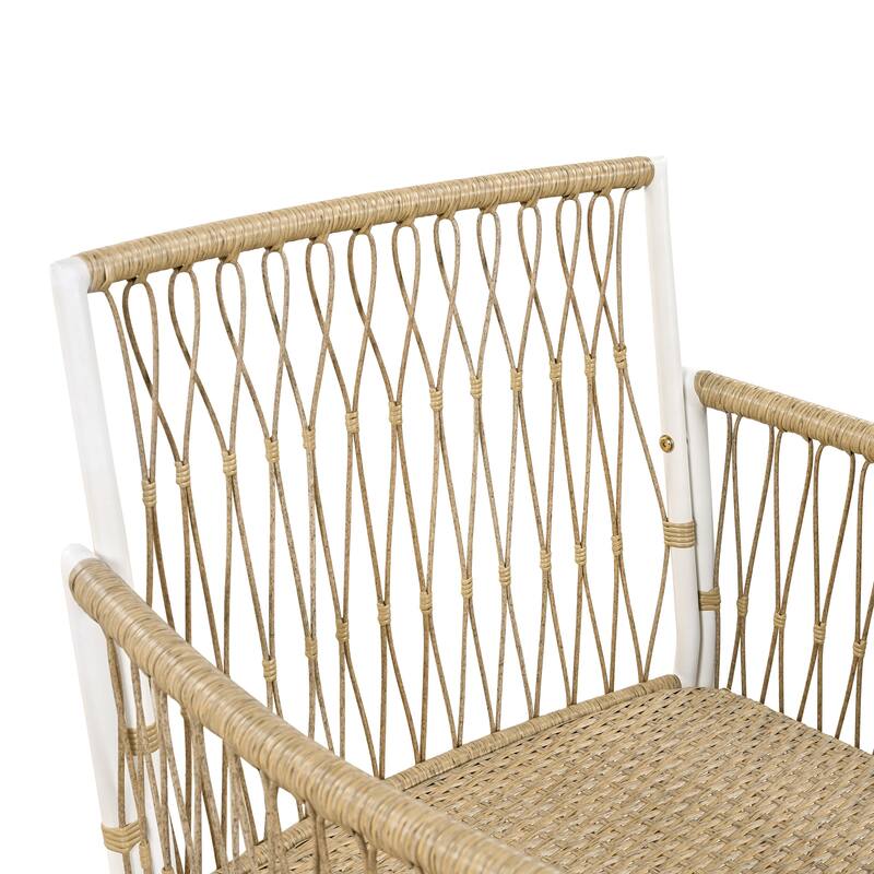 Roomfitters 7-Piece Patio Dining Set, Rectangular Outdoor Table with 6 White Rope Weave Armchairs & Cushions, Natural