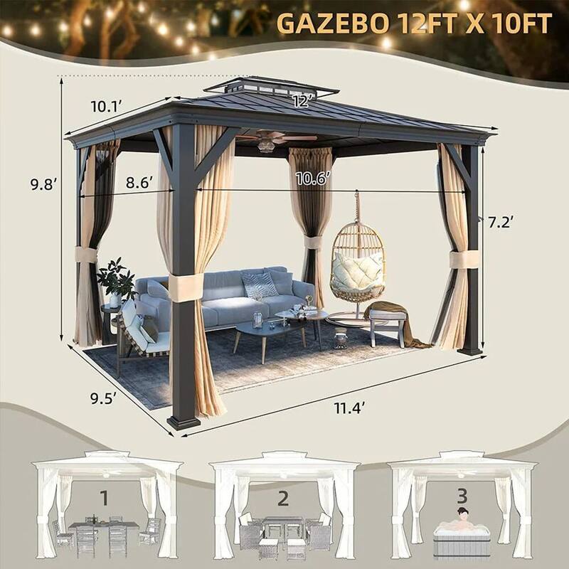 Pro Series Outdoor Hardtop Gazebo Pergola | Galvanized Steel Roof & Aluminum Frame | Includes Premium Curtains & Netting