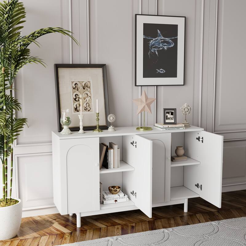 Functional 4-Door Intaglio Storage Cabinet with Pine Legs