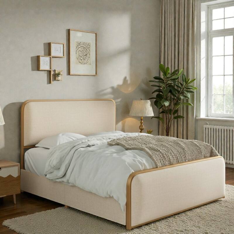 Gold Modern Metal Bed Frame with Upholstered Headboard and Footboard, 4 Storage Drawers, Heavy Duty Slats