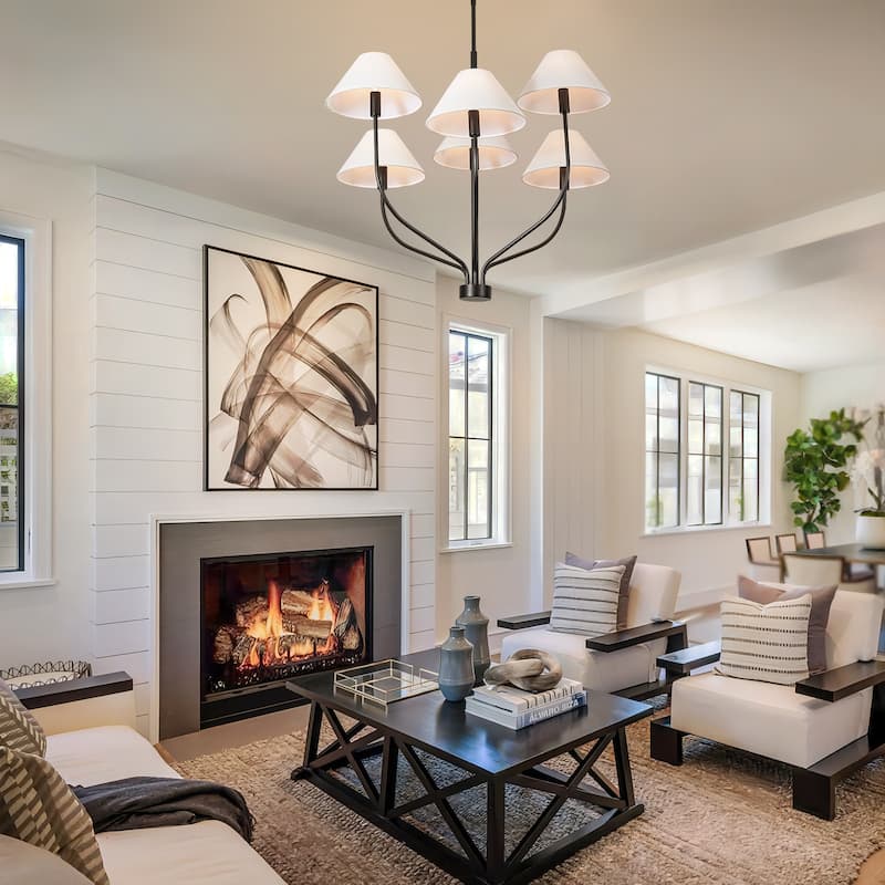 6-Light Modern Gold/Matte Black Sputnik Staggered Large Chandelier with Cone White Fabric Shade