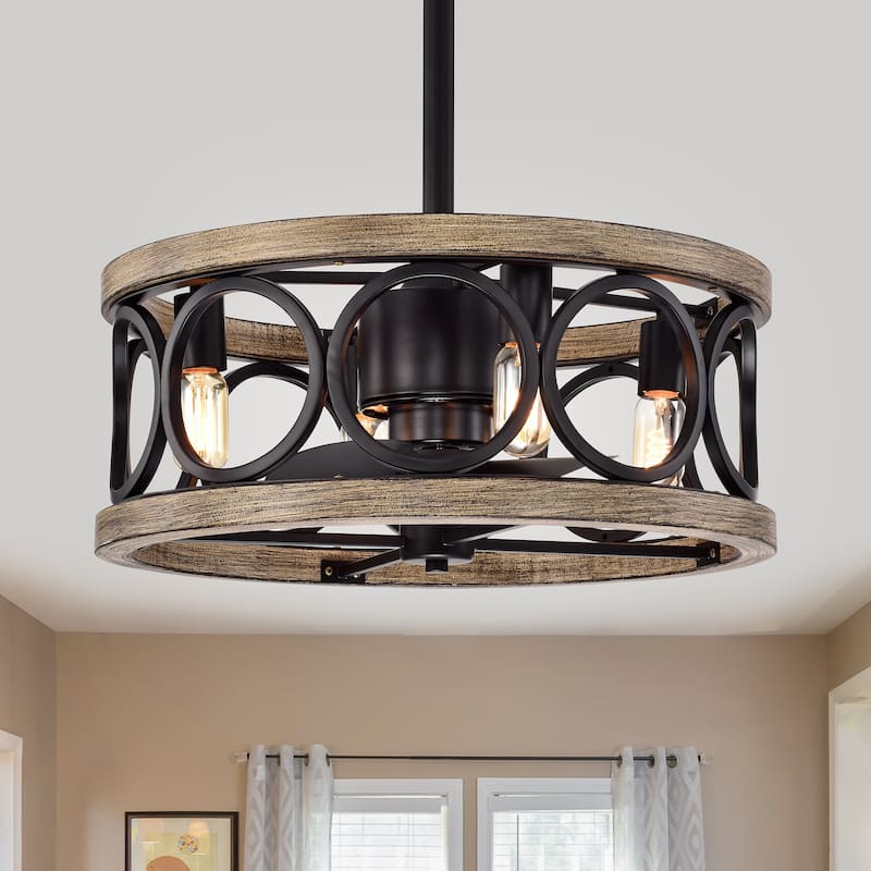 Catrin Wood Grain Ceiling Fan 21-Inch 4-Light Open Metal Drum Shade (Includes Remote)