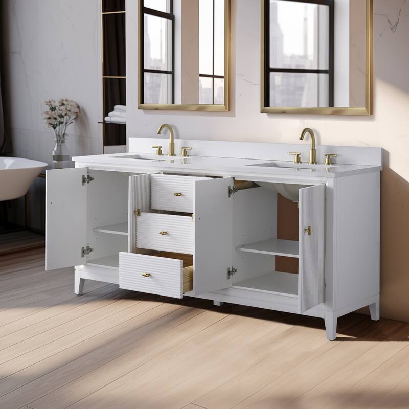Vanity Art 72" Freestanding Bathroom Vanity with Engineered Marble Top and Sinks