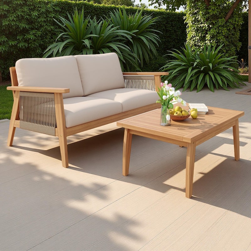2-Piece Outdoor Patio Acacia Wood Rope Weave Conversation Sofa Set with Coffee Table - Natural+Beige