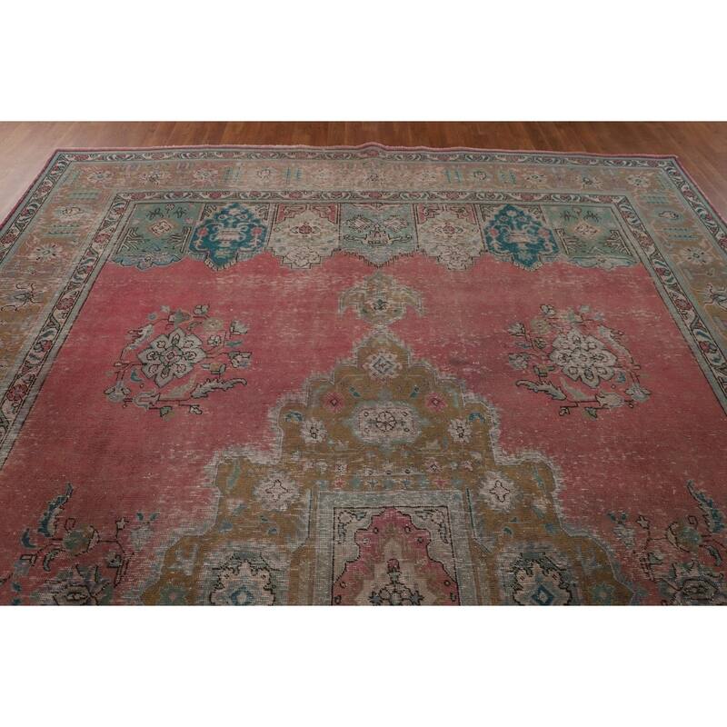 Pink Distressed Tabriz Persian Antique Rug Hand-Knotted Wool Carpet - 9'6" x 12'8"