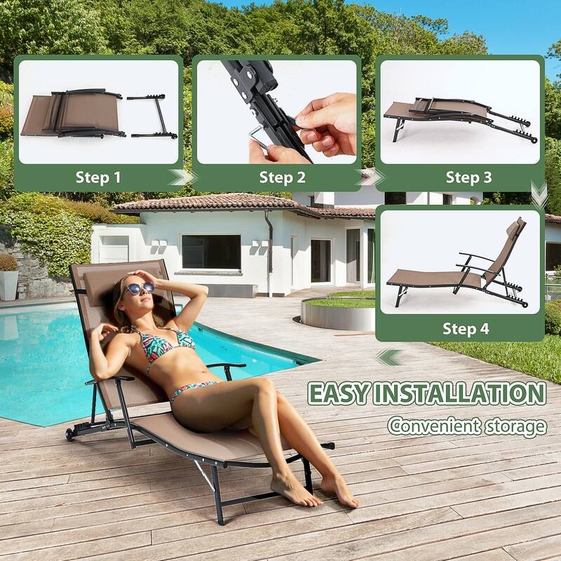 Patio Chaise Lounge Chair with Wheels, 5-Position Recliner with Armrests for Poolside, Beach, Backyard, or Patio