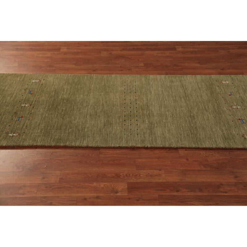 Green Gabbeh Oriental Runner Rug Hand-Knotted Wool Carpet - 2'8" x 10'1"