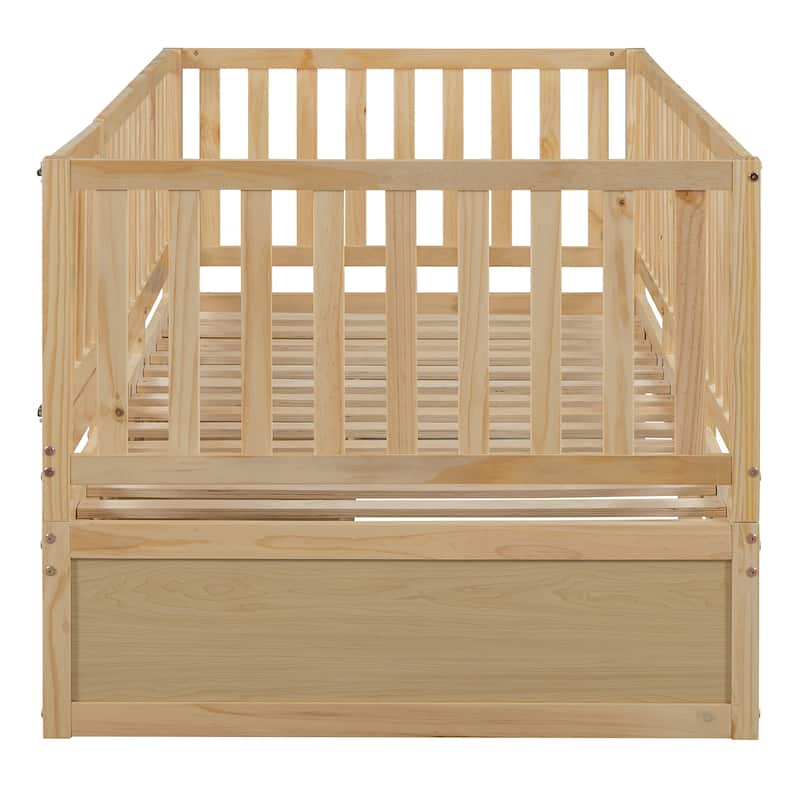 Natural Twin Size Solid Wood Daybed with Fence Guardrails and 2 Drawers, Split into Independent for Bedroom